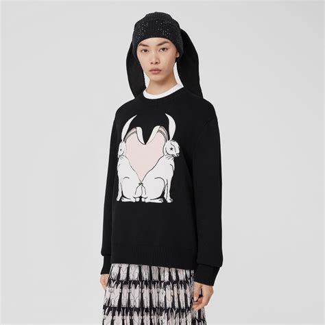 Burberry Rabbit Intarsia Wool Oversized Sweater In Black